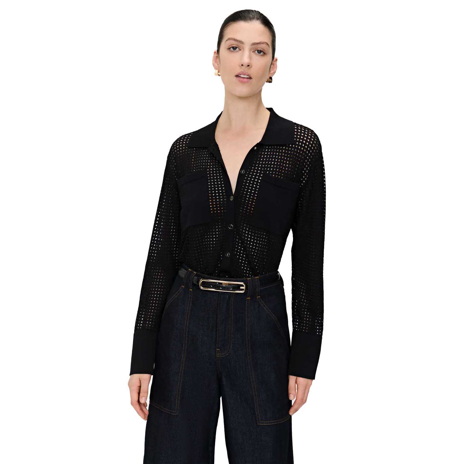 Veronika Maine Long Sleeve Mesh Knit Shirt